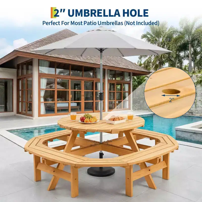 Table de pique-nique ronde en bois pour 8 personnes, table de salle à manger de camping d'extérieur avec bancs intégrés et trou pour parasol, ensemble de table d'extérieur pour jardin, arrière-cour, patio.