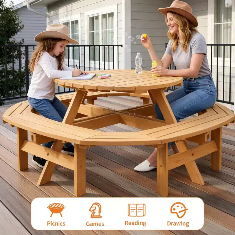 Table de pique-nique ronde en bois pour 8 personnes, table de salle à manger de camping d'extérieur avec bancs intégrés et trou pour parasol, ensemble de table d'extérieur pour jardin, arrière-cour, patio.
