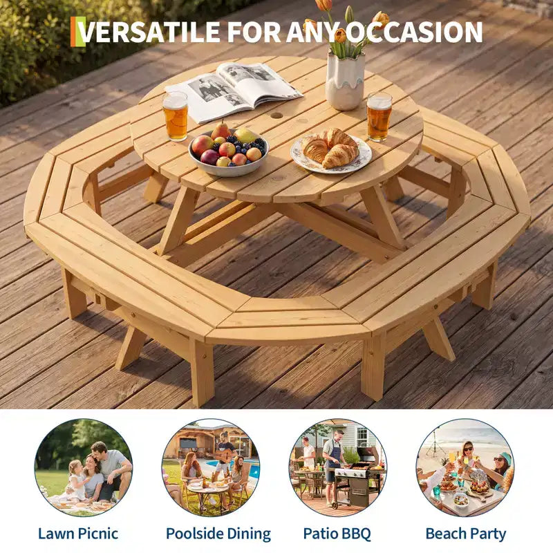 Table de pique-nique ronde en bois pour 8 personnes, table de salle à manger de camping d'extérieur avec bancs intégrés et trou pour parasol, ensemble de table d'extérieur pour jardin, arrière-cour, patio.