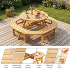 Table de pique-nique ronde en bois pour 8 personnes, table de salle à manger de camping d'extérieur avec bancs intégrés et trou pour parasol, ensemble de table d'extérieur pour jardin, arrière-cour, patio.