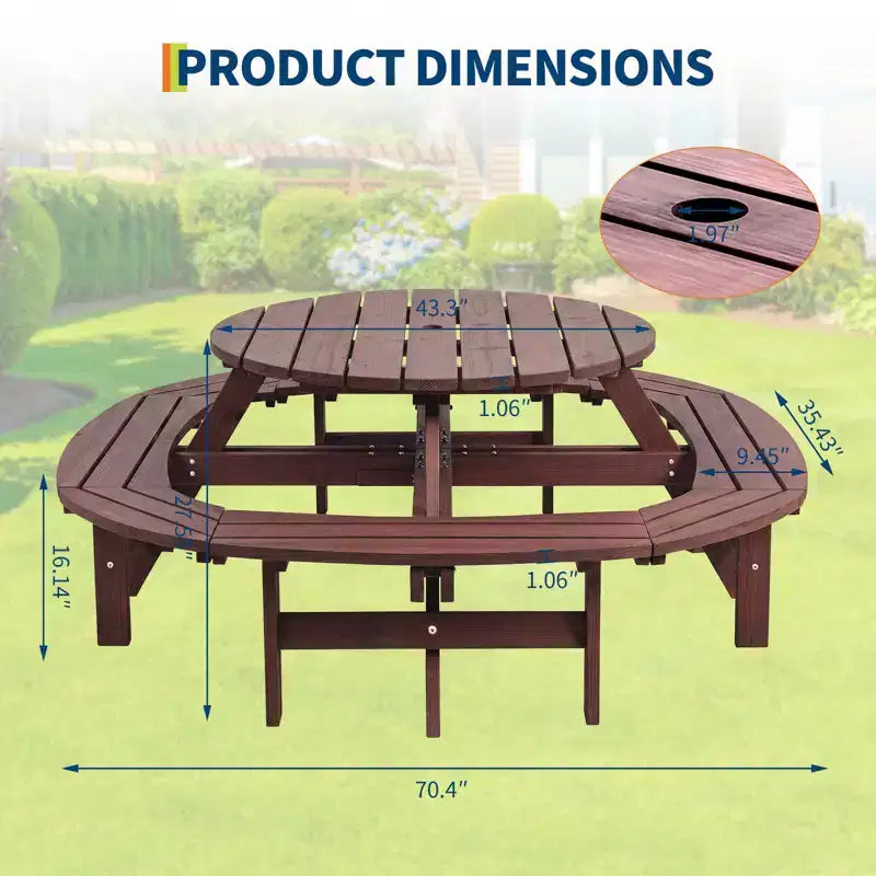 Table de pique-nique ronde en bois pour 8 personnes, table de salle à manger de camping d'extérieur avec bancs intégrés et trou pour parasol, ensemble de table d'extérieur pour jardin, arrière-cour, patio.