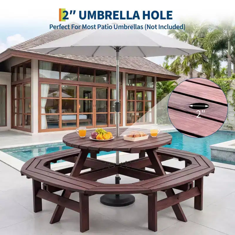 Table de pique-nique ronde en bois pour 8 personnes, table de salle à manger de camping d'extérieur avec bancs intégrés et trou pour parasol, ensemble de table d'extérieur pour jardin, arrière-cour, patio.
