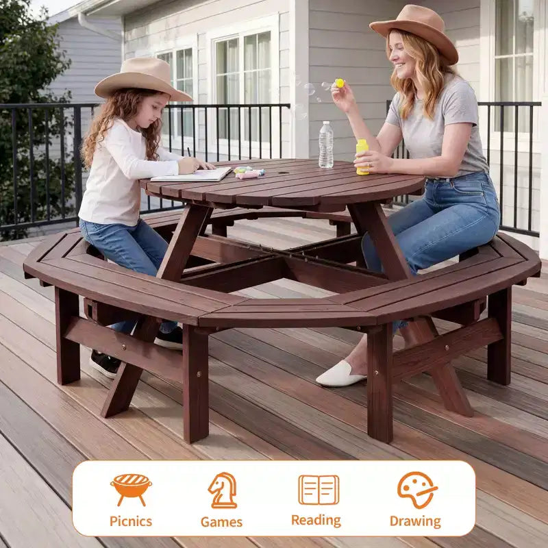 Table de pique-nique ronde en bois pour 8 personnes, table de salle à manger de camping d'extérieur avec bancs intégrés et trou pour parasol, ensemble de table d'extérieur pour jardin, arrière-cour, patio.
