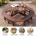 Table de pique-nique ronde en bois pour 8 personnes, table de salle à manger de camping d'extérieur avec bancs intégrés et trou pour parasol, ensemble de table d'extérieur pour jardin, arrière-cour, patio.