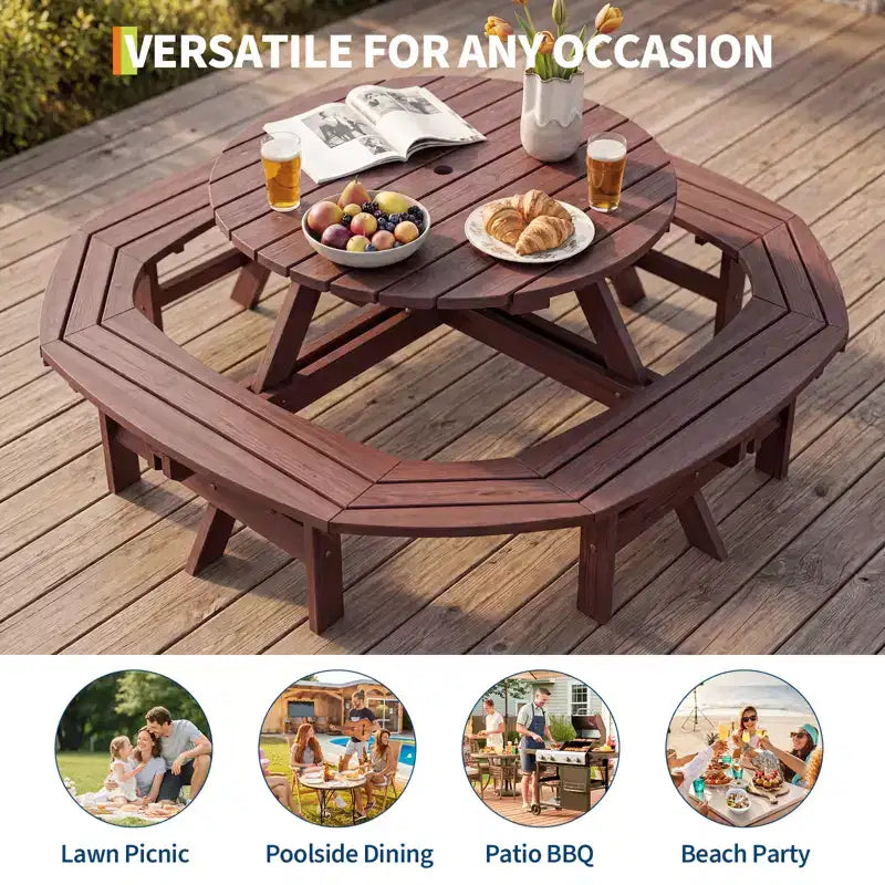 Table de pique-nique ronde en bois pour 8 personnes, table de salle à manger de camping d'extérieur avec bancs intégrés et trou pour parasol, ensemble de table d'extérieur pour jardin, arrière-cour, patio.