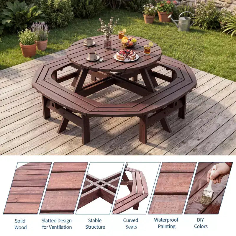Table de pique-nique ronde en bois pour 8 personnes, table de salle à manger de camping d'extérieur avec bancs intégrés et trou pour parasol, ensemble de table d'extérieur pour jardin, arrière-cour, patio.