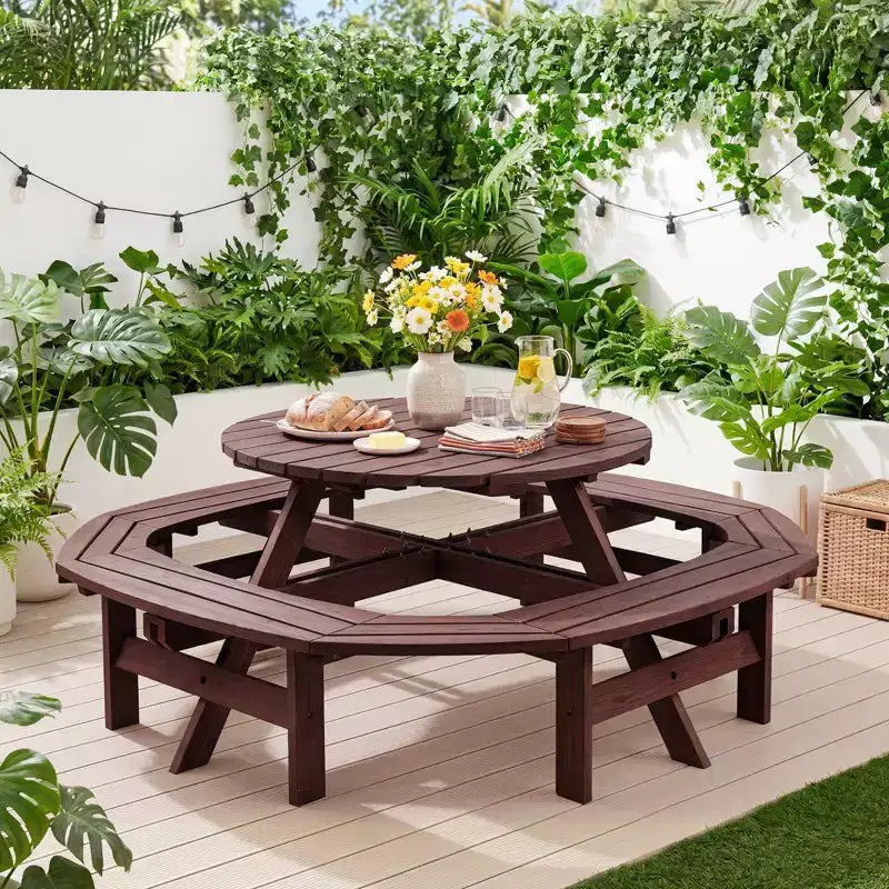 Table de pique-nique ronde en bois pour 8 personnes, table de salle à manger de camping d'extérieur avec bancs intégrés et trou pour parasol, ensemble de table d'extérieur pour jardin, arrière-cour, patio.