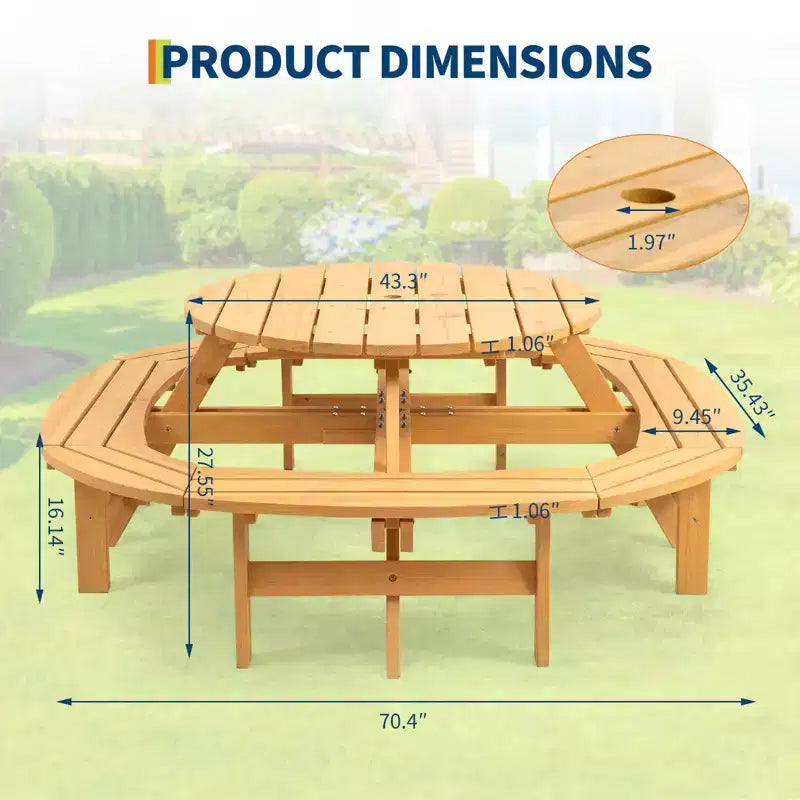 Table de pique-nique ronde en bois pour 8 personnes, table de salle à manger de camping d'extérieur avec bancs intégrés et trou pour parasol, ensemble de table d'extérieur pour jardin, arrière-cour, patio.