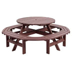 8 Person Wooden Picnic Table, Outdoor Round Camping Dining Table with Built-in Benches & Umbrella Hole, Outside Table Set for Garden Backyard Patio