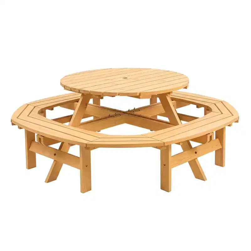 Table de pique-nique ronde en bois pour 8 personnes, table de salle à manger de camping d'extérieur avec bancs intégrés et trou pour parasol, ensemble de table d'extérieur pour jardin, arrière-cour, patio.