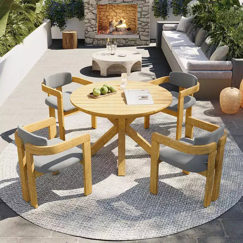 Christopher Knight Home Sandy Set da Pranzo Rustico da Esterno a 5 Pezzi in Legno di Acacia con 4 Sedie Imbottite a Barilotto e 1 Tavolo Rotondo a Doghe