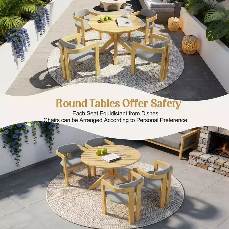 Christopher Knight Home Sandy Set da Pranzo Rustico da Esterno a 5 Pezzi in Legno di Acacia con 4 Sedie Imbottite a Barilotto e 1 Tavolo Rotondo a Doghe
