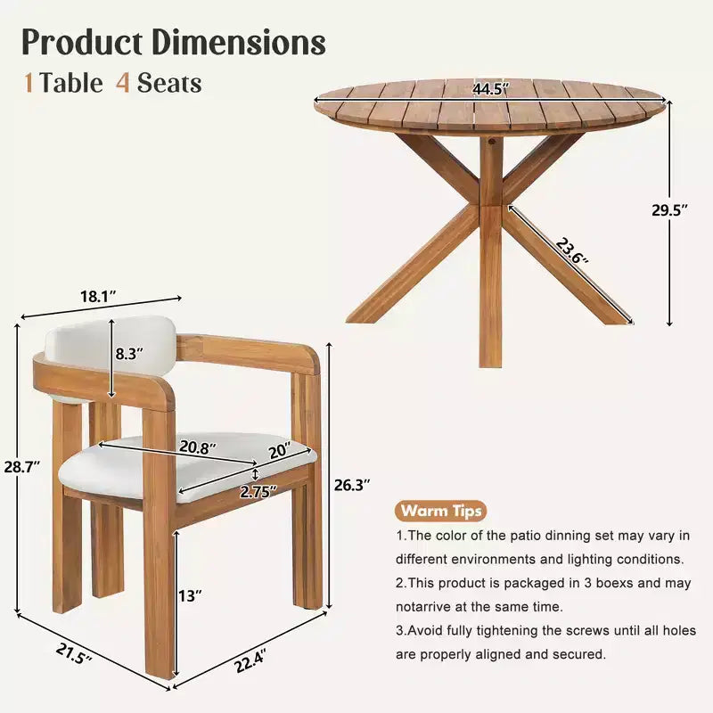 Christopher Knight Home Sandy Set da Pranzo Rustico da Esterno a 5 Pezzi in Legno di Acacia con 4 Sedie Imbottite a Barilotto e 1 Tavolo Rotondo a Doghe