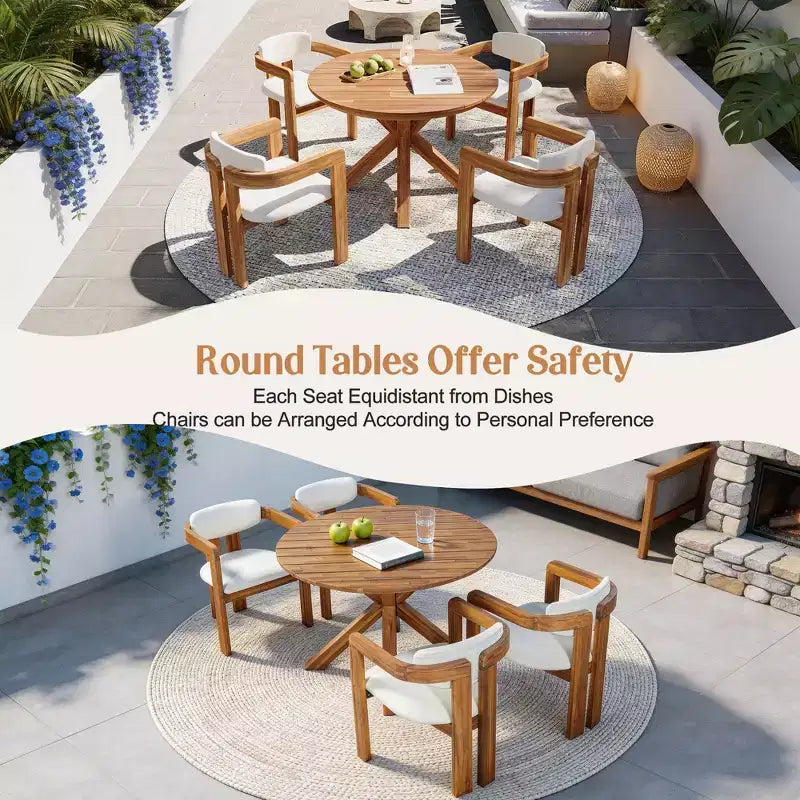 Christopher Knight Home Sandy Set da Pranzo Rustico da Esterno a 5 Pezzi in Legno di Acacia con 4 Sedie Imbottite a Barilotto e 1 Tavolo Rotondo a Doghe
