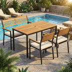 Gymax Set Mobili da Giardino 4 Pezzi con Tavolo in Legno di Acacia e Foro per Ombrellone 2 Sedie Impilabili Panca Comodi Cuscini