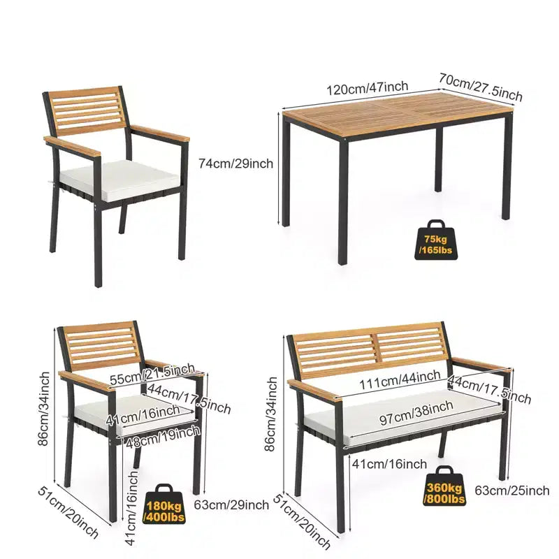Gymax Set Mobili da Giardino 4 Pezzi con Tavolo in Legno di Acacia e Foro per Ombrellone 2 Sedie Impilabili Panca Comodi Cuscini