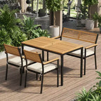 Gymax Set Mobili da Giardino 4 Pezzi con Tavolo in Legno di Acacia e Foro per Ombrellone 2 Sedie Impilabili Panca Comodi Cuscini
