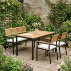 Gymax Set Mobili da Giardino 4 Pezzi con Tavolo in Legno di Acacia e Foro per Ombrellone 2 Sedie Impilabili Panca Comodi Cuscini