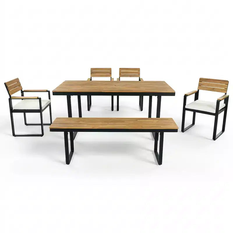 Ensemble de salle à manger GDFStudio Elvira Patio moderne 6 pièces en bois d'acacia avec table, 4 chaises rembourrées et banc
