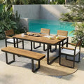 GDFStudio Elvira Patio Modern 6-Piece Acacia Wood Dining Set with Table, 4 Cushioned Chairs and Bench