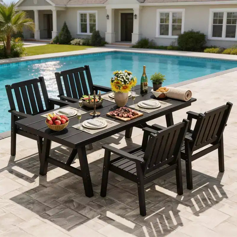5-Piece Outdoor Dining Set for 4, HDPE All-Weather Patio Furniture with Table Umbrella Hole, Modern Armless Chairs for Backyard, Garden & Deck