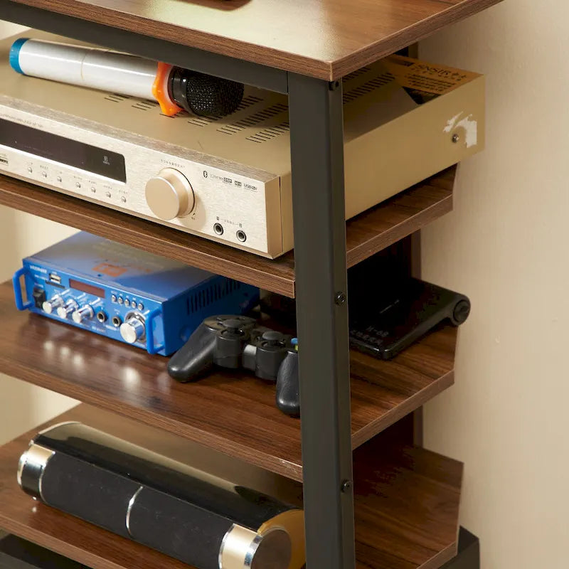 Meuble TV, Meuble multimédia audio-vidéo, Tour audio d'angle avec étagères de rangement et cadre en acier