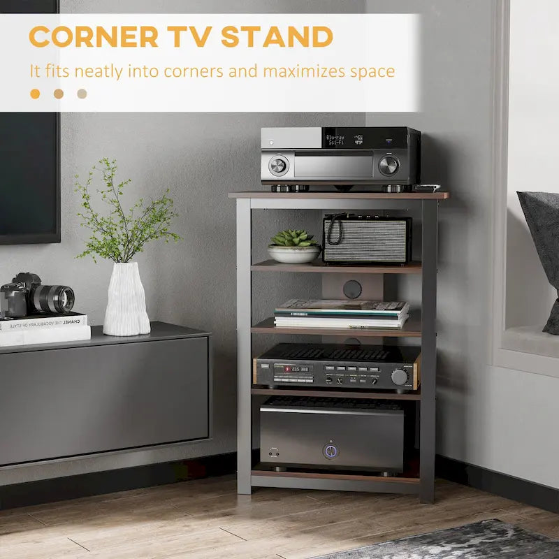 Meuble TV, Meuble multimédia audio-vidéo, Tour audio d'angle avec étagères de rangement et cadre en acier