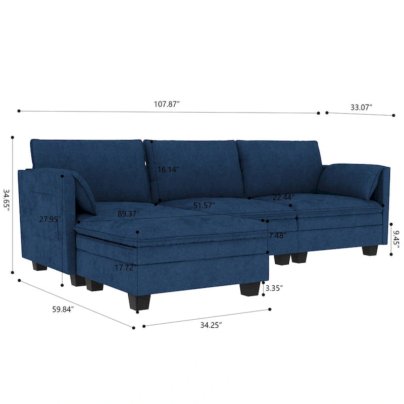 Christopher Knight Home - Divano Noah Grande a 3 Posti con Chaise Longue Componibile e Tasche sul Bracciolo, Rivestimento in Tessuto