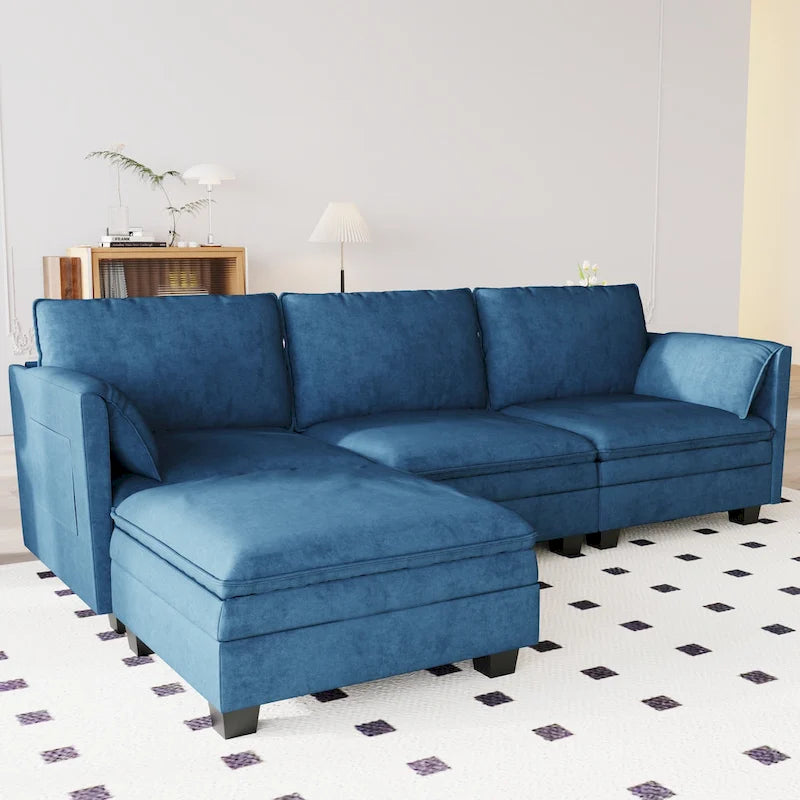 Christopher Knight Home - Divano Noah Grande a 3 Posti con Chaise Longue Componibile e Tasche sul Bracciolo, Rivestimento in Tessuto
