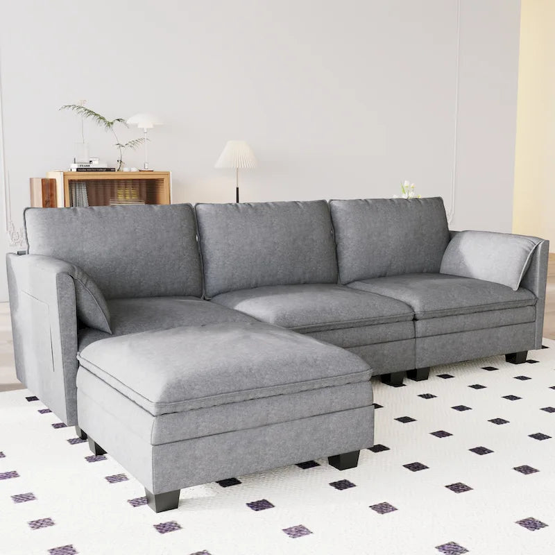 Christopher Knight Home - Divano Noah Grande a 3 Posti con Chaise Longue Componibile e Tasche sul Bracciolo, Rivestimento in Tessuto