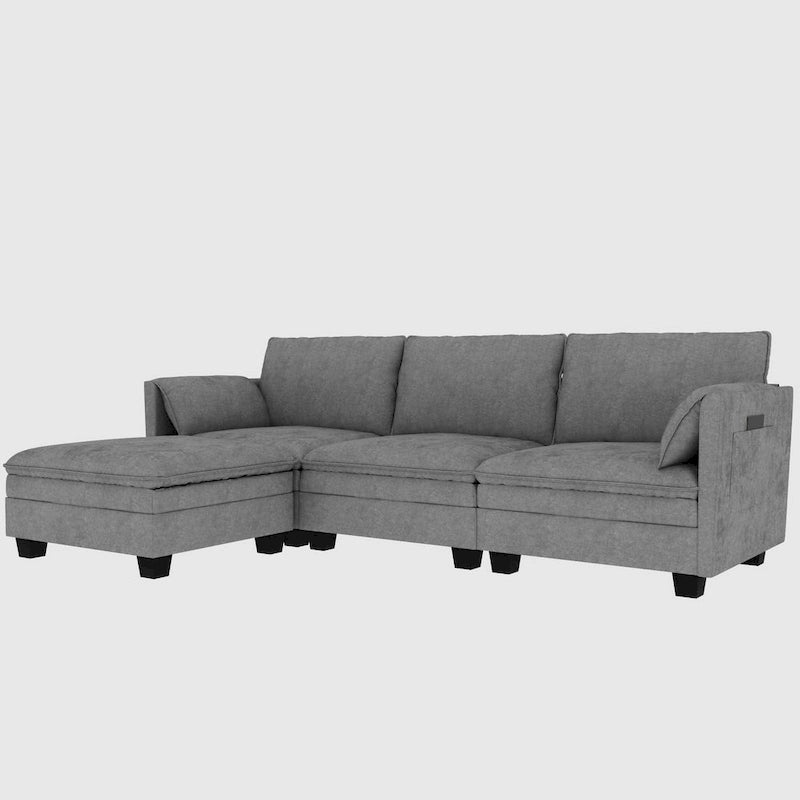 Christopher Knight Home - Divano Noah Grande a 3 Posti con Chaise Longue Componibile e Tasche sul Bracciolo, Rivestimento in Tessuto