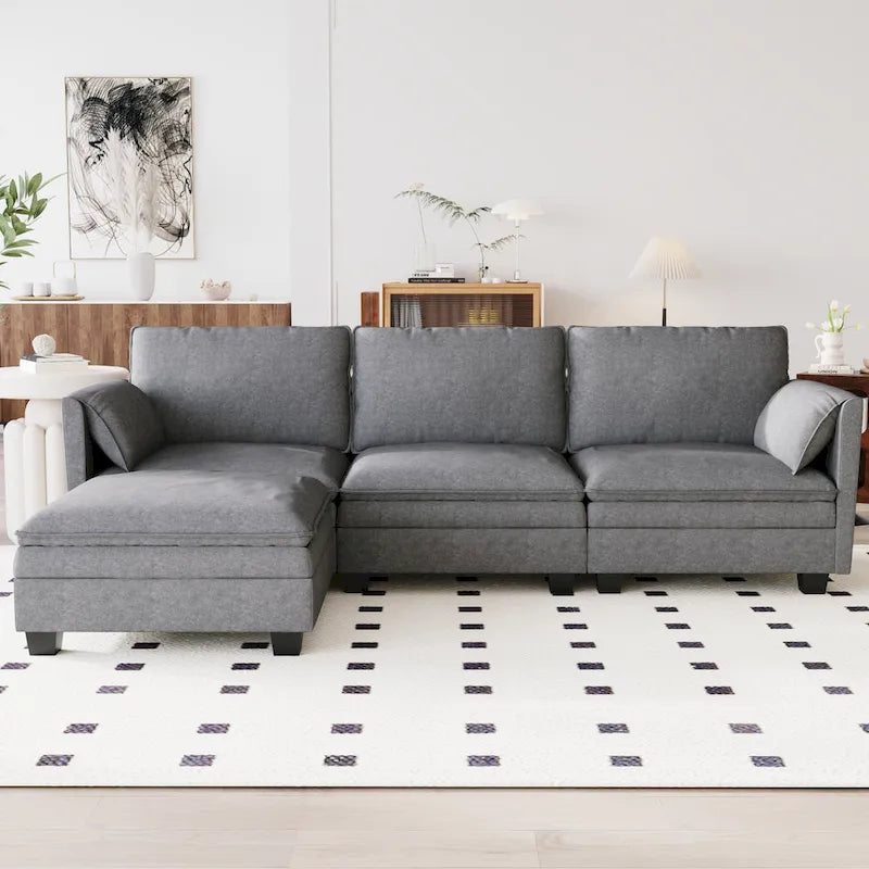 Christopher Knight Home - Divano Noah Grande a 3 Posti con Chaise Longue Componibile e Tasche sul Bracciolo, Rivestimento in Tessuto