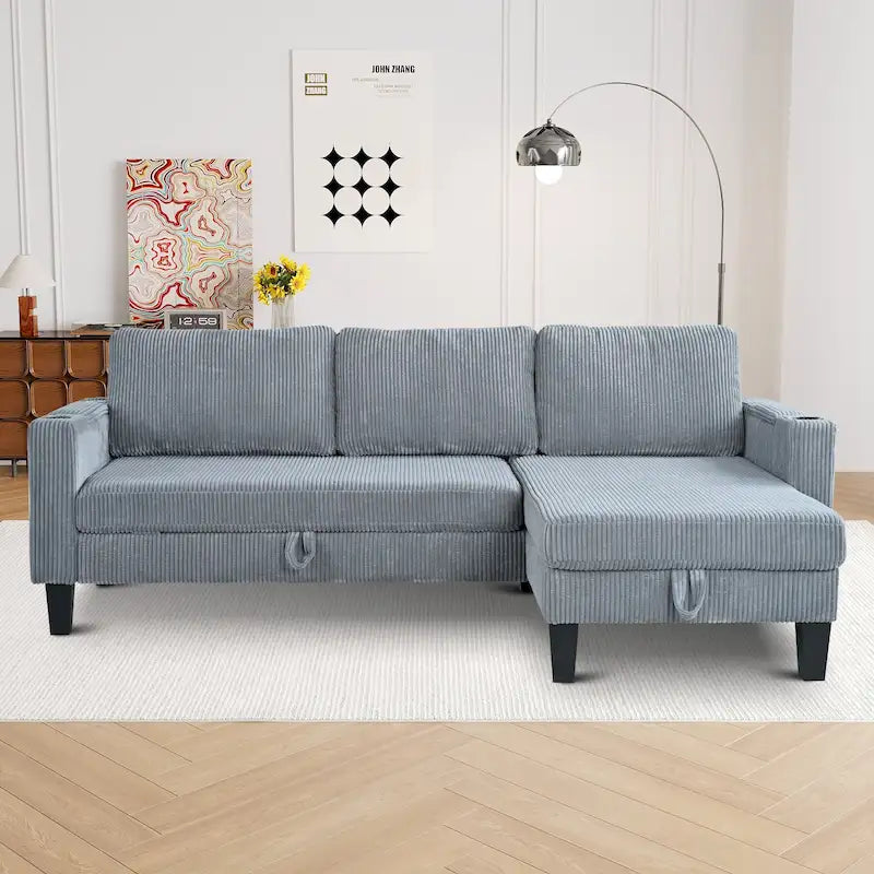 Christopher Knight Home - Divano componibile a L reversibile in tessuto con chaise longue contenitore, porte USB e portabicchieri