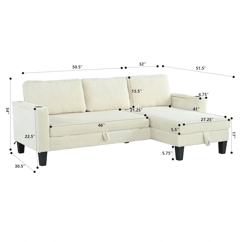 Christopher Knight Home - Divano componibile a L reversibile in tessuto con chaise longue contenitore, porte USB e portabicchieri