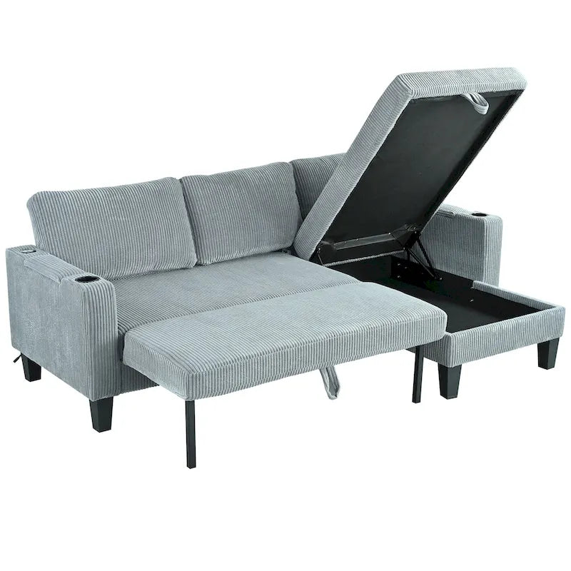 Christopher Knight Home - Divano componibile a L reversibile in tessuto con chaise longue contenitore, porte USB e portabicchieri