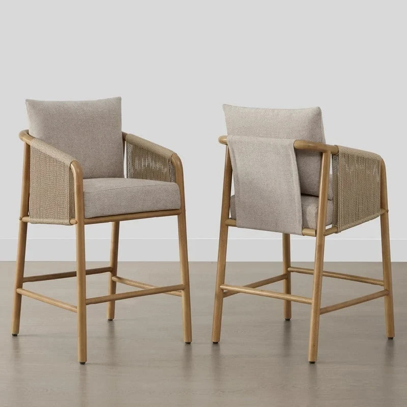 Tabouret de bar Lynn à hauteur de comptoir avec accoudoirs en bois tressé, lot de 2