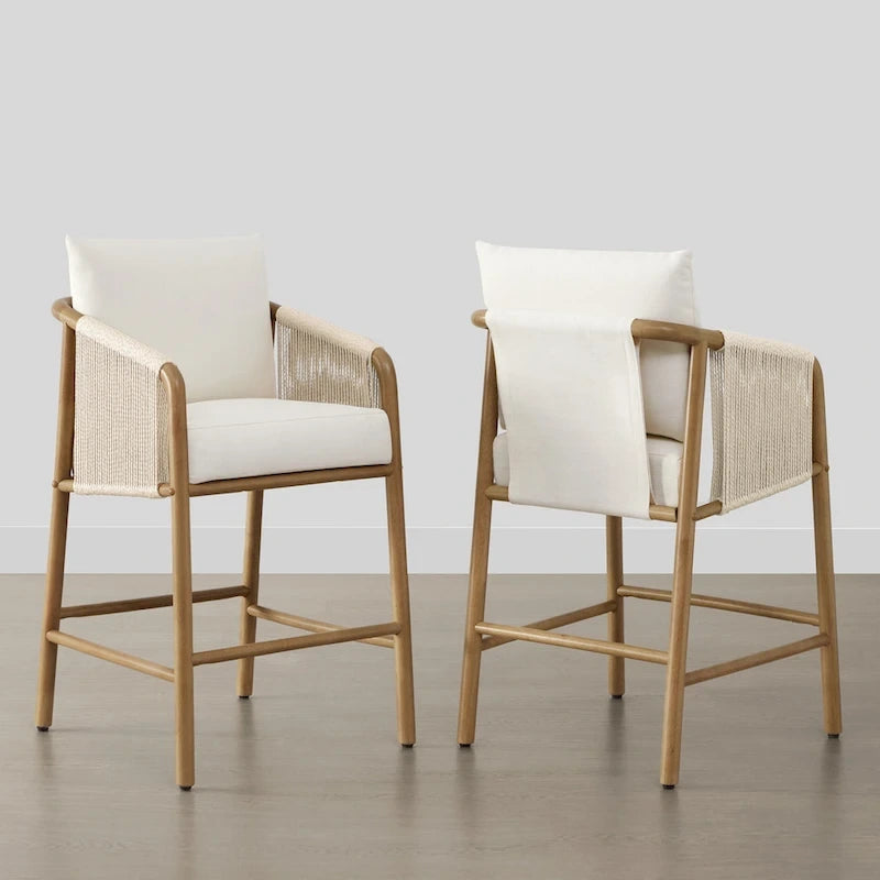 Tabouret de bar Lynn à hauteur de comptoir avec accoudoirs en bois tressé, lot de 2