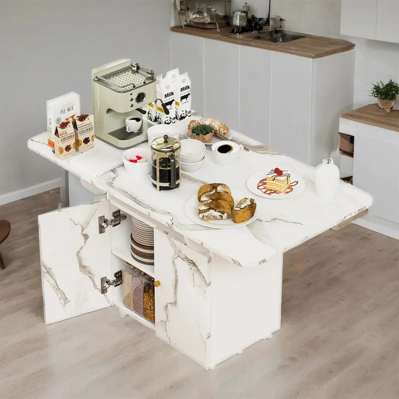 Isola da Cucina Pieghevole 47 in Legno con Ruote, Portaspezie e Armadietto