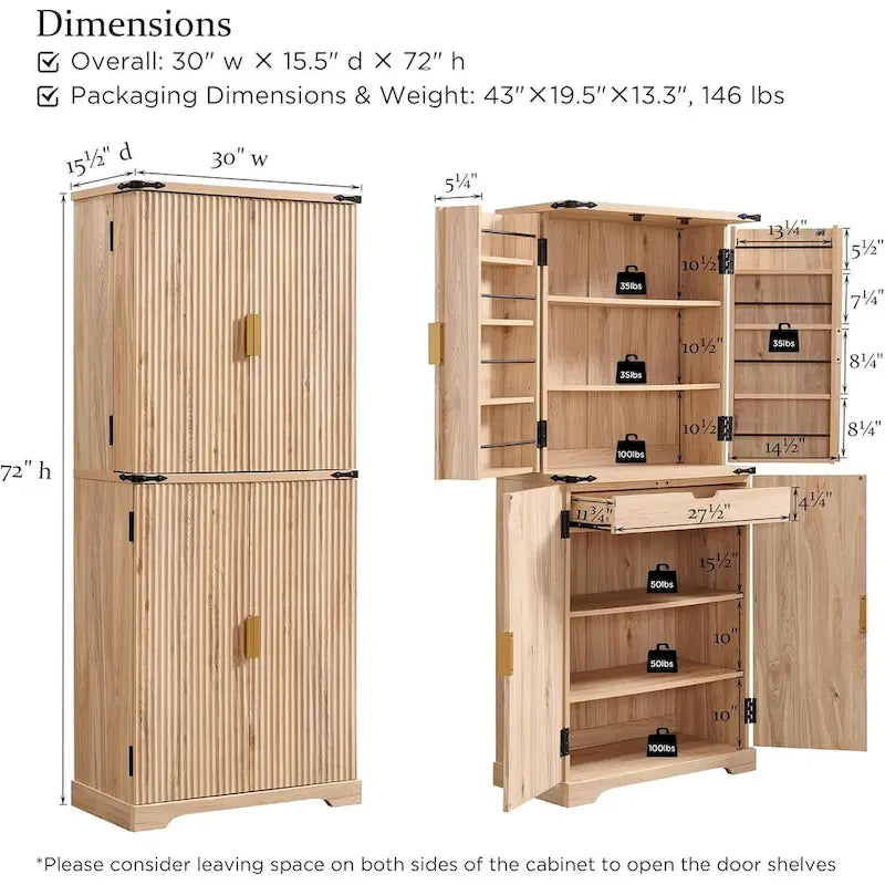 Mobile dispensa moderno scanalato alto 183 cm, armadietto contenitore con 4 ante