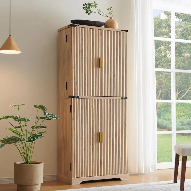 Mobile dispensa moderno scanalato alto 183 cm, armadietto contenitore con 4 ante