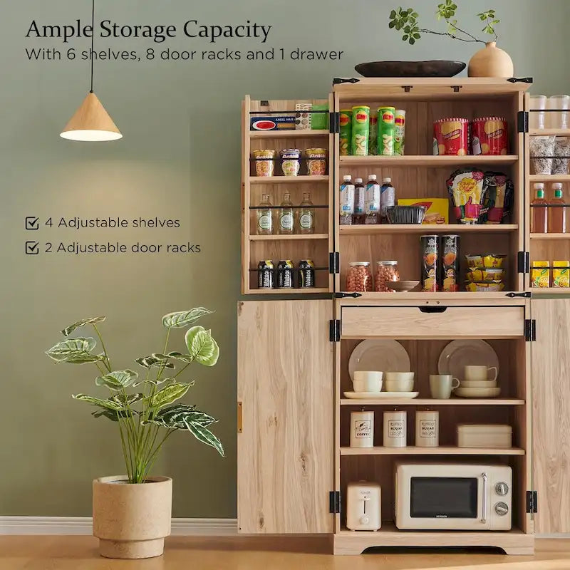 Mobile dispensa moderno scanalato alto 183 cm, armadietto contenitore con 4 ante