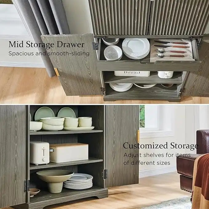 Mobile dispensa moderno scanalato alto 183 cm, armadietto contenitore con 4 ante