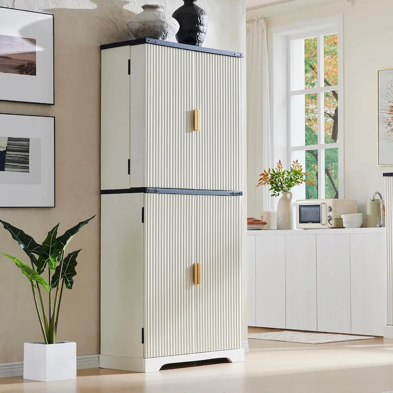 Mobile dispensa moderno scanalato alto 183 cm, armadietto contenitore con 4 ante