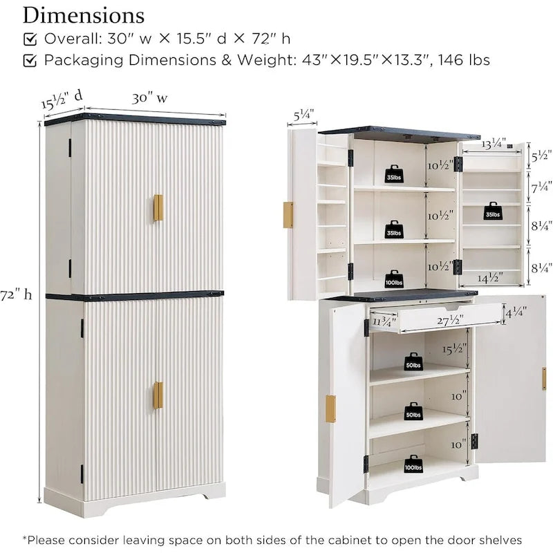 Mobile dispensa moderno scanalato alto 183 cm, armadietto contenitore con 4 ante
