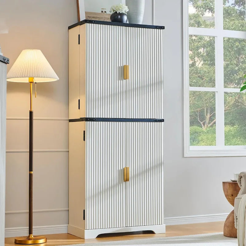 Mobile dispensa moderno scanalato alto 183 cm, armadietto contenitore con 4 ante
