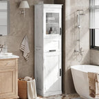 Armoire de salle de bain haute, Meuble de rangement autoportant avec portes vitrées