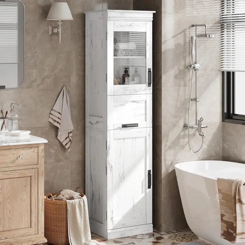 Armoire de salle de bain haute, Meuble de rangement autoportant avec portes vitrées