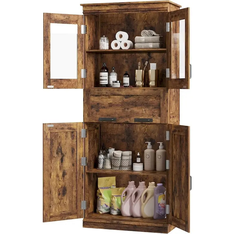 Armoire de salle de bain haute, Meuble de rangement autoportant avec portes vitrées