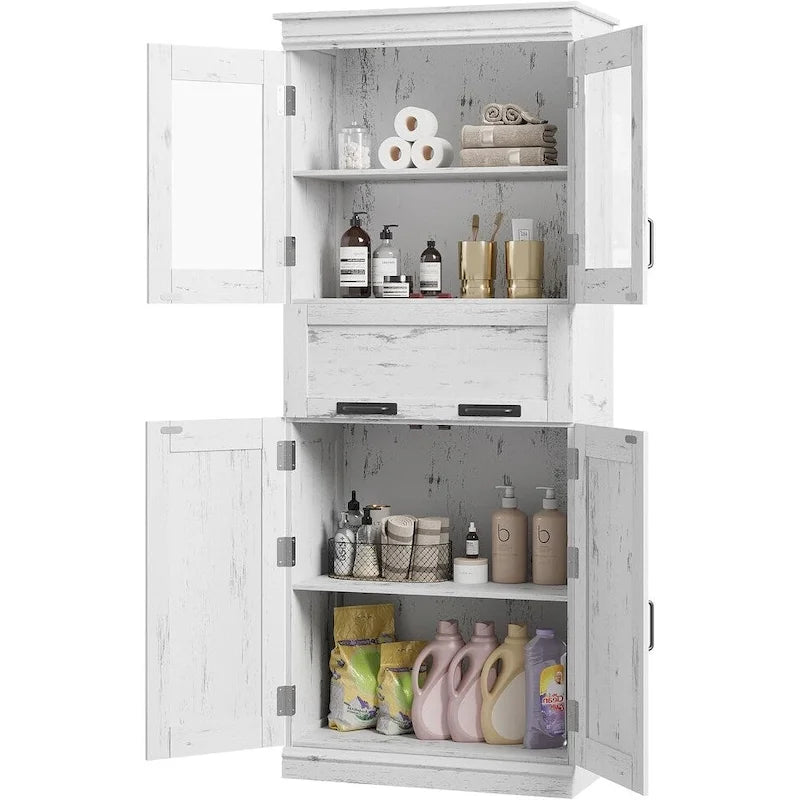 Armoire de salle de bain haute, Meuble de rangement autoportant avec portes vitrées
