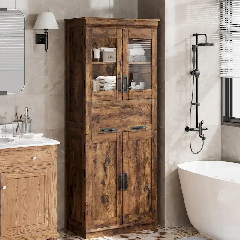 Armoire de salle de bain haute, Meuble de rangement autoportant avec portes vitrées